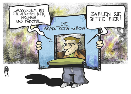 Cartoon: Die Armstrong-Show (medium) by Kostas Koufogiorgos tagged armstrong,doping,beichte,sport,radsport,neonazi,pädophil,show,geld,kasse,karikatur,kostas,koufogiorgos,armstrong,doping,beichte,sport,radsport,neonazi,pädophil,show,geld,kasse,karikatur,kostas,koufogiorgos