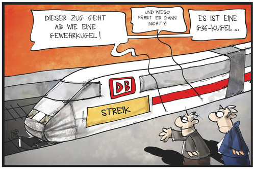 Cartoon: Die Bahn und das G36 (medium) by Kostas Koufogiorgos tagged karikatur,koufogiorgos,illustration,cartoon,g36,bahn,db,zug,gewehr,kugel,schnelligkeit,streik,bundeswehr,stillstand,arbeitskampf,lok,gdl,gewerkschaft,karikatur,koufogiorgos,illustration,cartoon,g36,bahn,db,zug,gewehr,kugel,schnelligkeit,streik,bundeswehr,stillstand,arbeitskampf,lok,gdl,gewerkschaft