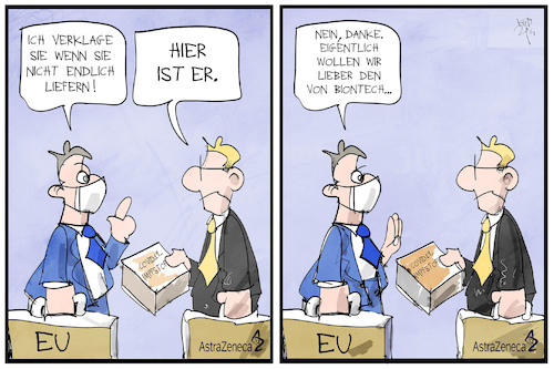 Cartoon: Die EU verklagt Astra Zeneca (medium) by Kostas Koufogiorgos tagged karikatur,koufogiorgos,illustration,cartoon,astra,zeneca,eu,klage,lieferant,impfstoff,corona,pandemie,karikatur,koufogiorgos,illustration,cartoon,astra,zeneca,eu,klage,lieferant,impfstoff,corona,pandemie