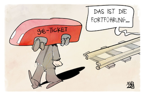 Cartoon: Die Fortführung des Neun-Euro-Ti (medium) by Kostas Koufogiorgos tagged karikatur,koufogiorgos,neun,euro,ticket,laufen,passagier,schiene,karikatur,koufogiorgos,neun,euro,ticket,laufen,passagier,schiene