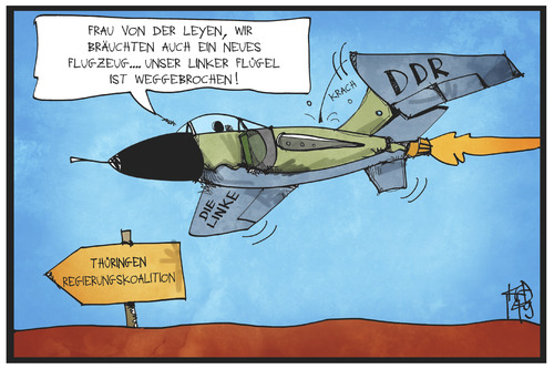 Cartoon: Die Linke (medium) by Kostas Koufogiorgos tagged karikatur,koufogiorgos,illustration,cartoon,linke,partei,flugzeug,flügel,ddr,unrechtstaat,tragfläche,bundeswehr,von,der,leyen,verteidigungsministerin,politik,thüringen,regierung,koalition,karikatur,koufogiorgos,illustration,cartoon,linke,partei,flugzeug,flügel,ddr,unrechtstaat,tragfläche,bundeswehr,von,der,leyen,verteidigungsministerin,politik,thüringen,regierung,koalition