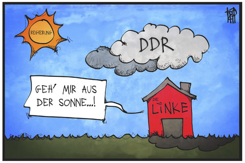 Cartoon: Die Linke und die DDR (medium) by Kostas Koufogiorgos tagged karikatur,koufogiorgos,illustration,cartoon,ddr,wolke,linke,regierung,thüringen,partei,politik,sonne,hindernis,die,karikatur,koufogiorgos,illustration,cartoon,ddr,wolke,linke,regierung,thüringen,partei,politik,sonne,hindernis