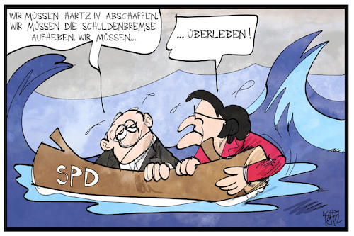 Cartoon: Die neue SPD (medium) by Kostas Koufogiorgos tagged karikatur,koufogiorgos,illustration,cartoon,spd,esken,walter,borjahns,vorsitz,führung,meer,treiben,schiffbrüchig,sozialdemokraten,partei,schuldenbremse,hartz,karikatur,koufogiorgos,illustration,cartoon,spd,esken,walter,borjahns,vorsitz,führung,meer,treiben,schiffbrüchig,sozialdemokraten,partei,schuldenbremse,hartz