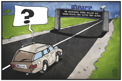 Cartoon: Die Pkw-Maut und der Datenschutz (medium) by Kostas Koufogiorgos tagged karikatur,koufogiorgos,illustration,cartoon,maut,datenschutz,strasse,autobahn,privatsphäre,technik,daten,erfassung,politik,karikatur,koufogiorgos,illustration,cartoon,maut,datenschutz,strasse,autobahn,privatsphäre,technik,daten,erfassung,politik