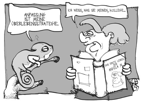 Cartoon: Die wandelbare Angela M. (medium) by Kostas Koufogiorgos tagged merkel,buch,chameleon,anpassung,wandel,ddr,cdu,karikatur,koufogiorgos,merkel,buch,chameleon,anpassung,wandel,ddr,cdu,karikatur,koufogiorgos