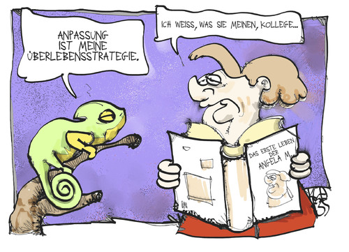 Cartoon: Die wandelbare Angela M. (medium) by Kostas Koufogiorgos tagged anpassung,chameleon,buch,merkel,wandel,ddr,cdu,karikatur,koufogiorgos,merkel,buch,chameleon,anpassung,wandel,ddr,cdu,karikatur,koufogiorgos