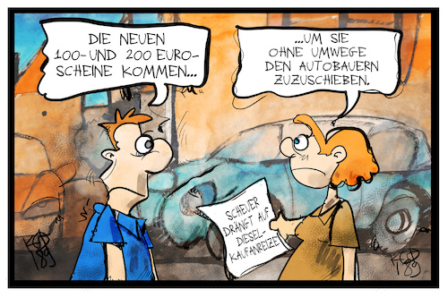 Cartoon: Diesel-Kaufanreize (medium) by Kostas Koufogiorgos tagged karikatur,koufogiorgos,illustration,cartoon,diesel,kaufanreiz,banknote,euro,geld,scheuer,autobauer,prämie,karikatur,koufogiorgos,illustration,cartoon,diesel,kaufanreiz,banknote,euro,geld,scheuer,autobauer,prämie