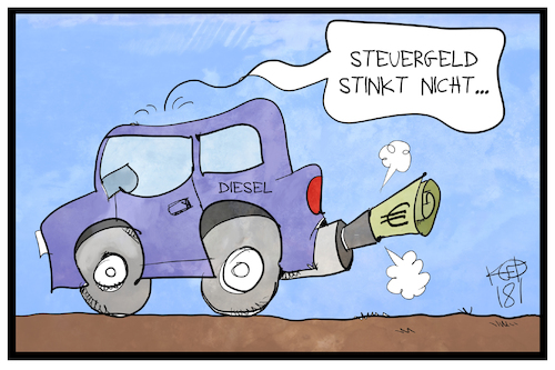 Cartoon: Diesel-Subventionen (medium) by Kostas Koufogiorgos tagged karikatur,koufogiorgos,illustration,cartoon,diesel,subvention,steuergeld,verbrennen,auspuff,abgas,dieselgate,förderung,politik,wirtschaft,auto,karikatur,koufogiorgos,illustration,cartoon,diesel,subvention,steuergeld,verbrennen,auspuff,abgas,dieselgate,förderung,politik,wirtschaft,auto