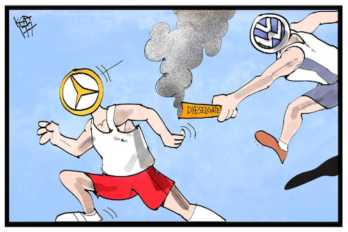 Cartoon: Dieselgate (medium) by Kostas Koufogiorgos tagged karikatur,koufogiorgos,illustration,cartoon,dieselgate,daimler,vw,abgasskandal,automobil,wirtschaft,staffellauf,uebergabe,läufer,karikatur,koufogiorgos,illustration,cartoon,dieselgate,daimler,vw,abgasskandal,automobil,wirtschaft,staffellauf,uebergabe,läufer