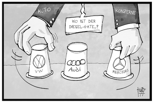 Cartoon: Dieselgate (medium) by Kostas Koufogiorgos tagged autobauer,hütchenspiel,betrug,abgasskandal,autobauer,hütchenspiel,betrug,abgasskandal