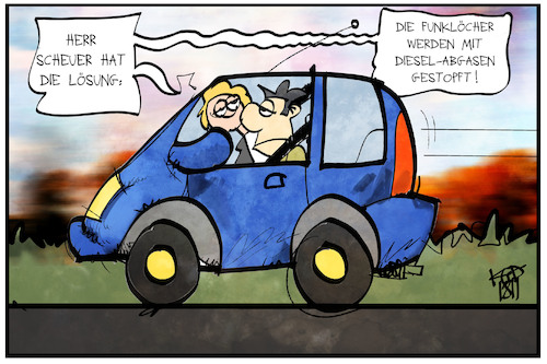 Cartoon: Dieselgate und Funklöcher (medium) by Kostas Koufogiorgos tagged karikatur,koufogiorgos,illustration,cartoon,dieselgate,funkloch,scheuer,umwelt,abgas,auto,diditalisierung,minister,verkehr,automobil,karikatur,koufogiorgos,illustration,cartoon,dieselgate,funkloch,scheuer,umwelt,abgas,auto,diditalisierung,minister,verkehr,automobil