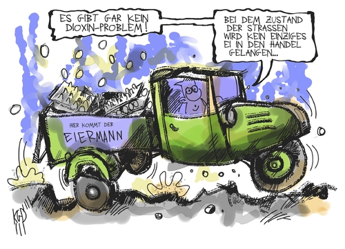 Cartoon: Dioxin-Skandal (medium) by Kostas Koufogiorgos tagged dioxin,skandal,aigner,verbraucherschutz,landwirtschaft,eier,huehner,schweine,gift,lebensmittel,strassen,schlagloch,verkehr,minister,sicherheit,karikatur,kostas,koufogiorgos,dioxin,lebensmittel,futtermittel,skandal,blastung,regierung,koalition,streit,aigner,mcallister