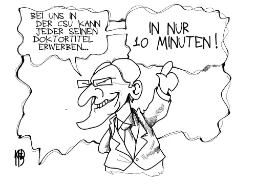 Cartoon: Doktortitel (medium) by Kostas Koufogiorgos tagged stoiber,minuten,doktortitel,csu,guttenberg,wissenschaft,universität,akademiker,hauptbahnhof