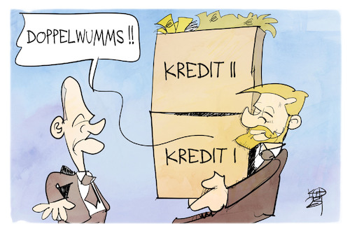 Cartoon: Doppelwumms für Lindner (medium) by Kostas Koufogiorgos tagged karikatur,koufogiorgos,lindner,doppelwumms,kredit,bank,karikatur,koufogiorgos,lindner,doppelwumms,kredit,bank