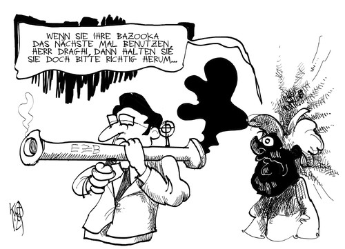 Cartoon: Draghis Bazooka (medium) by Kostas Koufogiorgos tagged draghi,anleihen,merkel,bazooka,bonds,wirtschaft,europa,ezb,euro,schulden,krise,waffe,geld,karikatur,kostas,koufogiorgos,draghi,bazooka,merkel,anleihen,bonds,wirtschaft,europa,ezb,euro,schulden,krise,waffe,geld,karikatur,kostas,koufogiorgos