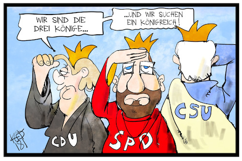 Cartoon: Drei Könige (medium) by Kostas Koufogiorgos tagged karikatur,koufogiorgos,illustration,cartoon,koenige,dreikoenigstag,koenigreich,sondierung,partei,cdu,csu,spd,merkel,seehofer,schulz,karikatur,koufogiorgos,illustration,cartoon,koenige,dreikoenigstag,koenigreich,sondierung,partei,cdu,csu,spd,merkel,seehofer,schulz