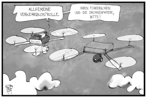 Cartoon: Drohnen-Verkehr (medium) by Kostas Koufogiorgos tagged karikatur,koufogiorgos,illustration,cartoon,drohne,verkehr,fliegen,papiere,schein,führerschein,technik,aufnahme,video,polizei,kontrolle,karikatur,koufogiorgos,illustration,cartoon,drohne,verkehr,fliegen,papiere,schein,führerschein,technik,aufnahme,video,polizei,kontrolle