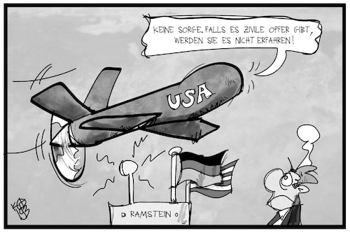 Cartoon: Drohnenopfer (medium) by Kostas Koufogiorgos tagged karikatur,koufogiorgos,illustration,cartoon,usa,deutschland,ramstein,drohnen,opfer,veröffentlichung,cia,krieg,waffe,air,force,luftwaffe,militär,karikatur,koufogiorgos,illustration,cartoon,usa,deutschland,ramstein,drohnen,opfer,veröffentlichung,cia,krieg,waffe,air,force,luftwaffe,militär