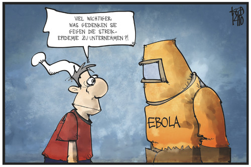 Cartoon: Ebola und Streik (medium) by Kostas Koufogiorgos tagged karikatur,koufogiorgos,illustration,cartoon,michel,ebola,streik,epidemie,krankheit,virus,politik,gesundheit,karikatur,koufogiorgos,illustration,cartoon,michel,ebola,streik,epidemie,krankheit,virus,politik,gesundheit