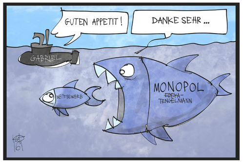 Cartoon: Edeka und Tengelmann (medium) by Kostas Koufogiorgos tagged karikatur,koufogiorgos,illustration,cartoon,edeka,tengelmann,fusion,gabriel,monopol,wettbewerb,lebensmittel,konzern,unternehmen,übernahme,fisch,schlucken,karikatur,koufogiorgos,illustration,cartoon,edeka,tengelmann,fusion,gabriel,monopol,wettbewerb,lebensmittel,konzern,unternehmen,übernahme,fisch,schlucken