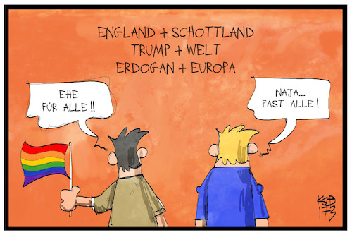 Cartoon: Ehe für fast alle (medium) by Kostas Koufogiorgos tagged karikatur,koufogiorgos,illustration,cartoon,ehe,schwul,homosexuell,gleichberechtigung,gayflag,erdogan,trump,europa,eu,welt,england,schottland,verbindung,karikatur,koufogiorgos,illustration,cartoon,ehe,schwul,homosexuell,gleichberechtigung,gayflag,erdogan,trump,europa,eu,welt,england,schottland,verbindung