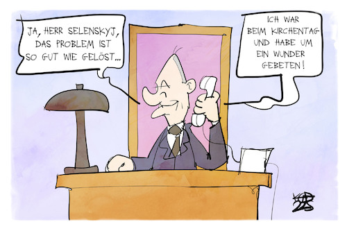 Cartoon: Ein Wunder für Selenskyj (medium) by Kostas Koufogiorgos tagged karikatur,koufogiorgos,scholz,katholikentag,selenskyj,wunder,beten,ukraine,karikatur,koufogiorgos,scholz,katholikentag,selenskyj,wunder,beten,ukraine