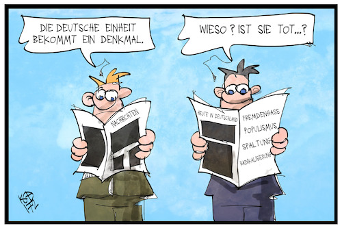 Cartoon: Einheitsdenkmal (medium) by Kostas Koufogiorgos tagged karikatur,koufogiorgos,illustration,cartoon,deutsche,einheit,einheitsdenkmal,berlin,wippe,zeitung,tot,fremdenhass,populismus,spaltung,gesellschaft,nachrichten,ddr,wiedervereinigung,geschichte,wende,karikatur,koufogiorgos,illustration,cartoon,deutsche,einheit,einheitsdenkmal,berlin,wippe,zeitung,tot,fremdenhass,populismus,spaltung,gesellschaft,nachrichten,ddr,wiedervereinigung,geschichte,wende