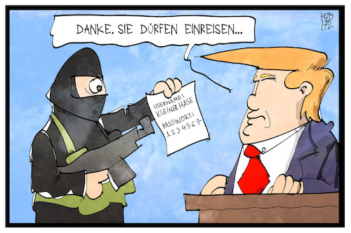 Cartoon: Einreise in die USA (medium) by Kostas Koufogiorgos tagged karikatur,koufogiorgos,illustration,cartoon,usa,terrorist,einreise,passwort,soziale,medien,zoll,sicherheit,kontrolle,trump,karikatur,koufogiorgos,illustration,cartoon,usa,terrorist,einreise,passwort,soziale,medien,zoll,sicherheit,kontrolle,trump