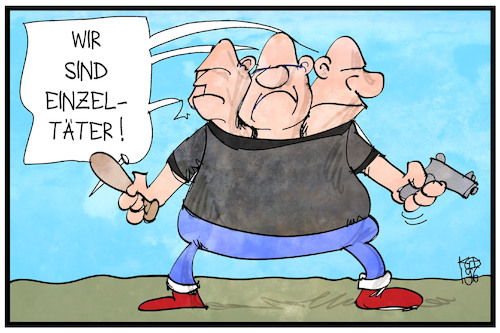 Cartoon: Einzeltäter (medium) by Kostas Koufogiorgos tagged karikatur,koufogiorgos,illustration,cartoon,lübcke,einzeltäter,mordfall,rechtsextremismus,mann,mord,karikatur,koufogiorgos,illustration,cartoon,lübcke,einzeltäter,mordfall,rechtsextremismus,mann,mord