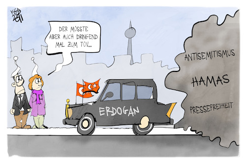 Cartoon: Erdogan in Berlin (medium) by Kostas Koufogiorgos tagged karikatur,koufogiorgos,erdogan,tuerkei,auto,tüv,antisemitismus,hamas,pressefreiheit,berlin,karikatur,koufogiorgos,erdogan,tuerkei,auto,tüv,antisemitismus,hamas,pressefreiheit,berlin