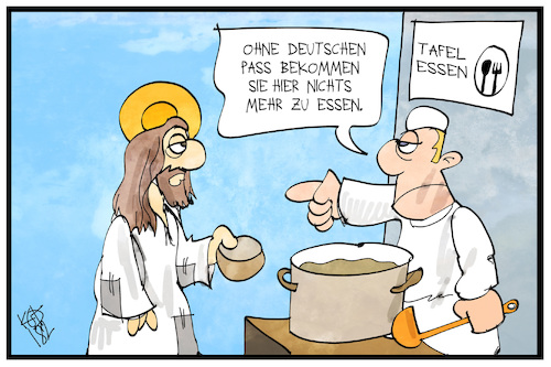 Cartoon: Essener Tafel (medium) by Kostas Koufogiorgos tagged karikatur,koufogiorgos,illustration,cartoon,essen,tafel,beduerftig,jesus,christus,armut,integration,rassismus,naechstenliebe,christentum,gebot,deutsch,auslaender,karikatur,koufogiorgos,illustration,cartoon,essen,tafel,beduerftig,jesus,christus,armut,integration,rassismus,naechstenliebe,christentum,gebot,deutsch,auslaender