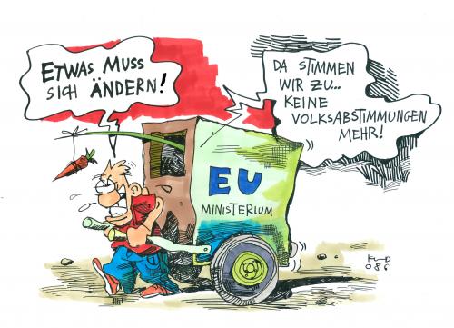 Cartoon: Etwas muss sich ändern! (medium) by Kostas Koufogiorgos tagged eu,vertrag,verfassung,lissabon,irland,dublin,merkel,sarkozy,kostas,koufogiorgos,eu,europa,europäische union,europäische,union,vertrag,verfassung,lissabon,irland,dublin,volksabstimmung,abstimmung,veränderung,ministerium,gegenstimme,ablehnung,flop,leithammel,karotte,möhre,karren