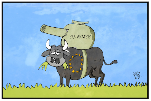 Cartoon: EU-Armee (medium) by Kostas Koufogiorgos tagged karikatur,koufogiorgos,illustration,cartoon,eu,europa,union,stier,panzer,grasen,verteidigung,abwehr,militaer,armee,aussenpolitik,karikatur,koufogiorgos,illustration,cartoon,eu,europa,union,stier,panzer,grasen,verteidigung,abwehr,militaer,armee,aussenpolitik