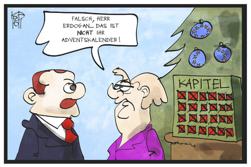 Cartoon: EU-Beitritt Türkei (medium) by Kostas Koufogiorgos tagged karikatur,koufogiorgos,illustration,cartoon,eu,europa,tuerkei,beitritt,merkel,erdogan,weihnachten,adventskalender,kapitel,verhandlung,karikatur,koufogiorgos,illustration,cartoon,eu,europa,tuerkei,beitritt,merkel,erdogan,weihnachten,adventskalender,kapitel,verhandlung