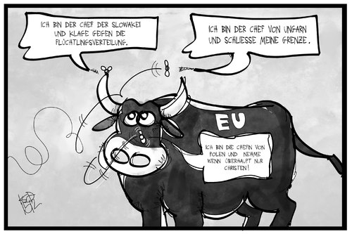 Cartoon: EU-Flüchtlingspolitik (medium) by Kostas Koufogiorgos tagged flüchtlingspolitk,mitgliedsstaaten,polen,slowakei,ungarn,quälgeist,nerven,fliege,stier,europa,eu,cartoon,illustration,koufogiorgos,karikatur,karikatur,koufogiorgos,illustration,cartoon,eu,europa,stier,fliege,nerven,quälgeist,ungarn,slowakei,polen,mitgliedsstaaten,flüchtlingspolitk