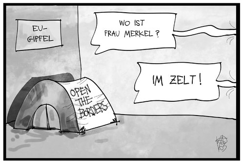 Cartoon: EU-Gipfel (medium) by Kostas Koufogiorgos tagged karikatur,koufogiorgos,illustration,cartoon,balkanroute,zelt,merkel,grenze,schließung,grenzöffnung,gipfel,eu,europa,protest,camp,flüchtlingskrise,flüchtlingspolitik,karikatur,koufogiorgos,illustration,cartoon,balkanroute,zelt,merkel,grenze,schließung,grenzöffnung,gipfel,eu,europa,protest,camp,flüchtlingskrise,flüchtlingspolitik