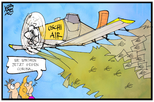 Cartoon: EU-Konjunkturprogramm (medium) by Kostas Koufogiorgos tagged karikatur,koufogiorgos,illustration,cartoon,uschi,von,der,leyen,flugzeug,geld,verteilen,solidarität,europa,eu,konjunktur,programm,fonds,karikatur,koufogiorgos,illustration,cartoon,uschi,von,der,leyen,flugzeug,geld,verteilen,solidarität,europa,eu,konjunktur,programm,fonds