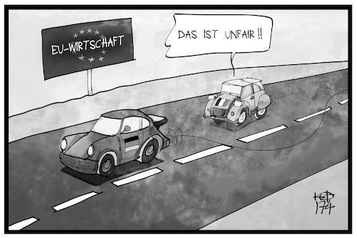 Cartoon: EU-Wirtschaft (medium) by Kostas Koufogiorgos tagged karikatur,koufogiorgos,illustration,cartoon,eu,europa,frankreich,deutschland,auto,porsche,ente,citroen,911,überholen,wirtschaft,exportüberschuss,wettbewerb,karikatur,koufogiorgos,illustration,cartoon,eu,europa,frankreich,deutschland,auto,porsche,ente,citroen,911,überholen,wirtschaft,exportüberschuss,wettbewerb