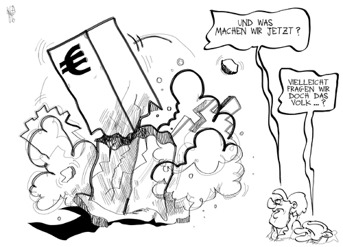 Cartoon: Euro-Krise (medium) by Kostas Koufogiorgos tagged euro,schulden,krise,merkel,schäuble,wirtschaft,volksentscheid,karikatur,kostas,koufogiorgos,euro,schulden,krise,merkel,schäuble,volksentscheid