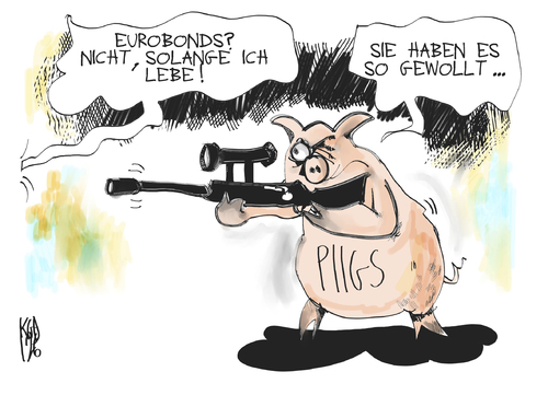 Cartoon: Eurobonds (medium) by Kostas Koufogiorgos tagged merkel,eurobonds,piigs,leben,tod,euro,schulden,krise,wirtschaft,schwein,karikatur,kostas,koufogiorgos,merkel,eurobonds,euro,schulden,krise