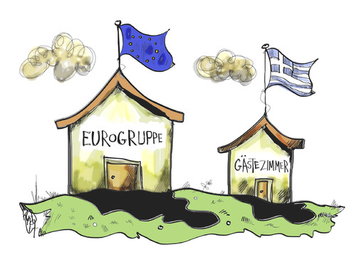 Cartoon: Eurogruppe (medium) by Kostas Koufogiorgos tagged eurogruppe,griechenland,gästezimmer,europa,euro,schulden,krise,finanzminister,karikatur,kostas,koufogiorgos,eurogruppe,griechenland,gästezimmer,euro,schulden,krise