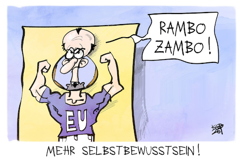 Cartoon: Europa (medium) by Kostas Koufogiorgos tagged karikatur,koufogiorgos,merz,europa,selbstbewusstsein,rambo,zambo,karikatur,koufogiorgos,merz,europa,selbstbewusstsein,rambo,zambo