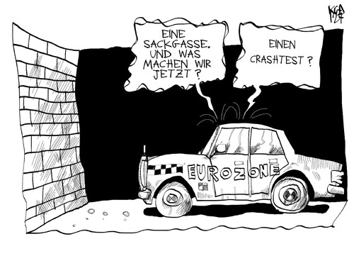 Cartoon: Eurozone (medium) by Kostas Koufogiorgos tagged eurozone,europa,euro,schulden,krise,sackgasse,crashtest,auto,wirtschaft,karikatur,kostas,koufogiorgos