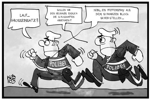 Cartoon: Extremisten entwaffnen! (medium) by Kostas Koufogiorgos tagged karikatur,koufogiorgos,illustration,cartoon,rechtsextremismus,neonazi,polizei,jagd,waffen,behörde,linksextremismus,pfefferspray,sicherheit,karikatur,koufogiorgos,illustration,cartoon,rechtsextremismus,neonazi,polizei,jagd,waffen,behörde,linksextremismus,pfefferspray,sicherheit