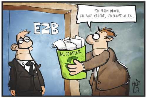 Cartoon: EZB (medium) by Kostas Koufogiorgos tagged karikatur,koufogiorgos,illustration,cartoon,altpapier,müll,ezb,europa,eu,zentralbank,draghi,kaufen,staatsanleihen,wirtschaft,papier,karikatur,koufogiorgos,illustration,cartoon,altpapier,müll,ezb,europa,eu,zentralbank,draghi,kaufen,staatsanleihen,wirtschaft,papier