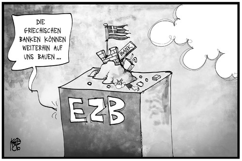 Cartoon: EZB (medium) by Kostas Koufogiorgos tagged karikatur,koufogiorgos,illustration,cartoon,griechenland,ezb,europa,zentralbank,bank,bauen,unterstützung,ela,kredit,wirtschaft,politik,karikatur,koufogiorgos,illustration,cartoon,griechenland,ezb,europa,zentralbank,bank,bauen,unterstützung,ela,kredit,wirtschaft,politik