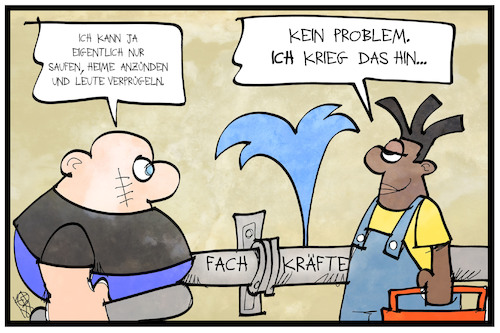 Cartoon: Fachkräfte (medium) by Kostas Koufogiorgos tagged karikatur,koufogiorgos,illustration,cartoon,fachkräfte,asylbewerber,flüchtlinge,rechtspopulismus,skinhead,bildung,klempner,flaschner,karikatur,koufogiorgos,illustration,cartoon,fachkräfte,asylbewerber,flüchtlinge,rechtspopulismus,skinhead,bildung,klempner,flaschner