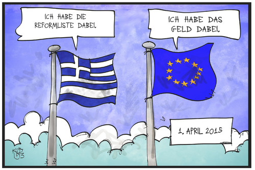 Cartoon: Fahnen am 1. April (medium) by Kostas Koufogiorgos tagged karikatur,koufogiorgos,illustration,cartoon,fahne,flagge,griechenland,eu,europa,geld,reformliste,scherz,witz,aprilscherz,politik,versprechen,lüge,karikatur,koufogiorgos,illustration,cartoon,fahne,flagge,griechenland,eu,europa,geld,reformliste,scherz,witz,aprilscherz,politik,versprechen,lüge