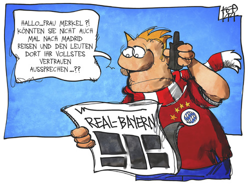 Cartoon: FC Bayern - Real Madrid (medium) by Kostas Koufogiorgos tagged karikatur,koufogiorgos,cartoon,illustration,merkel,fussball,bayern,madrid,champions,league,fan,vertrauen,sport,verein,karikatur,koufogiorgos,cartoon,illustration,merkel,fussball,bayern,madrid,champions,league,fan,vertrauen,sport,verein