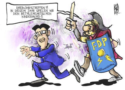 Cartoon: FDP (medium) by Kostas Koufogiorgos tagged rösler,fdp,dreikönigstreffen,bethlehemitischer,kindermord,vorsitzender,partei,soldat,karikatur,kostas,koufogiorgos,rösler,fdp,dreikönigstreffen,bethlehemitischer,kindermord,vorsitzender,partei,soldat,karikatur,kostas,koufogiorgos